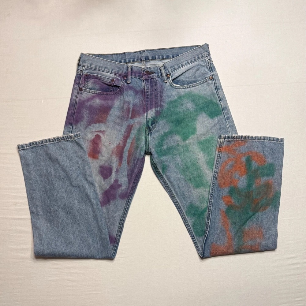 Levis 505 Jeans Mens 34x31 Blue Denim Paint Splatter Custom Straight Leg Retro‎